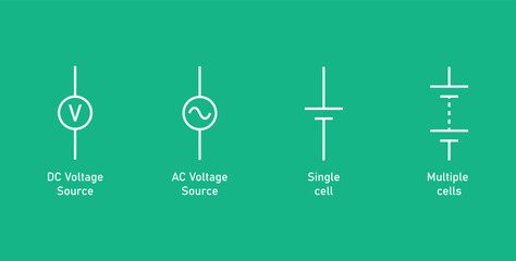 Direct current (DC) and alternating current (AC) voltage source. Single cell and multiple cell symbol. Vector illustration isolated on chalkboard.