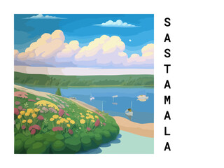 Sastamala: Vintage travel poster with an Finnish landscape and the title Sastamala