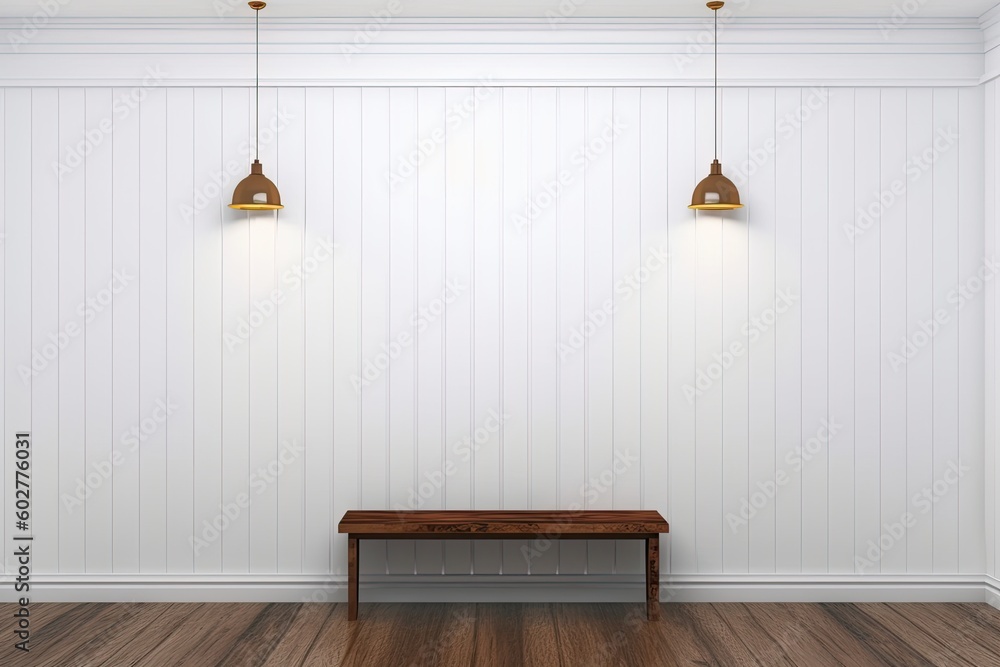 Poster an empty room with minimalistic decor featuring two lamps and a bench generative ai