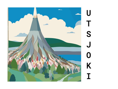 Utsjoki: Vintage travel poster with an Finnish landscape and the title Utsjoki