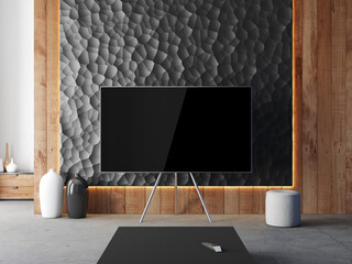 Smart Tv Mockup on metal stand in modern living room with wooden wall and black stone. 3d rendering