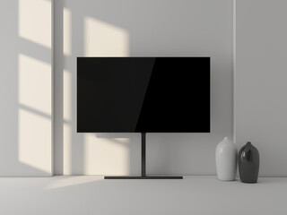 Large Smart Tv Mockup on metal stand in living room. 3d rendering