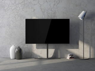 Large Smart Tv Mockup on metal stand in living room near concrete wall. 3d rendering