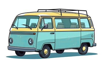 colorful van with a surfboard on its roof driving along a coastal road Generative AI