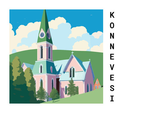 Konnevesi: Vintage travel poster with an Finnish landscape and the title Konnevesi