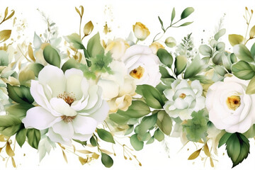 illustration of white flowers with green leaves in a line, visually appealing, ai generative