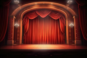 Theater stage with red curtains and spotlights. Generative AI