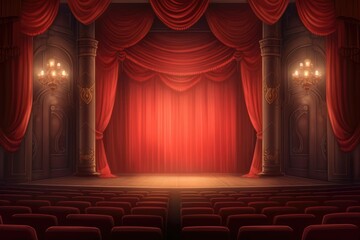 Theater stage with red curtains and spotlights. Generative AI