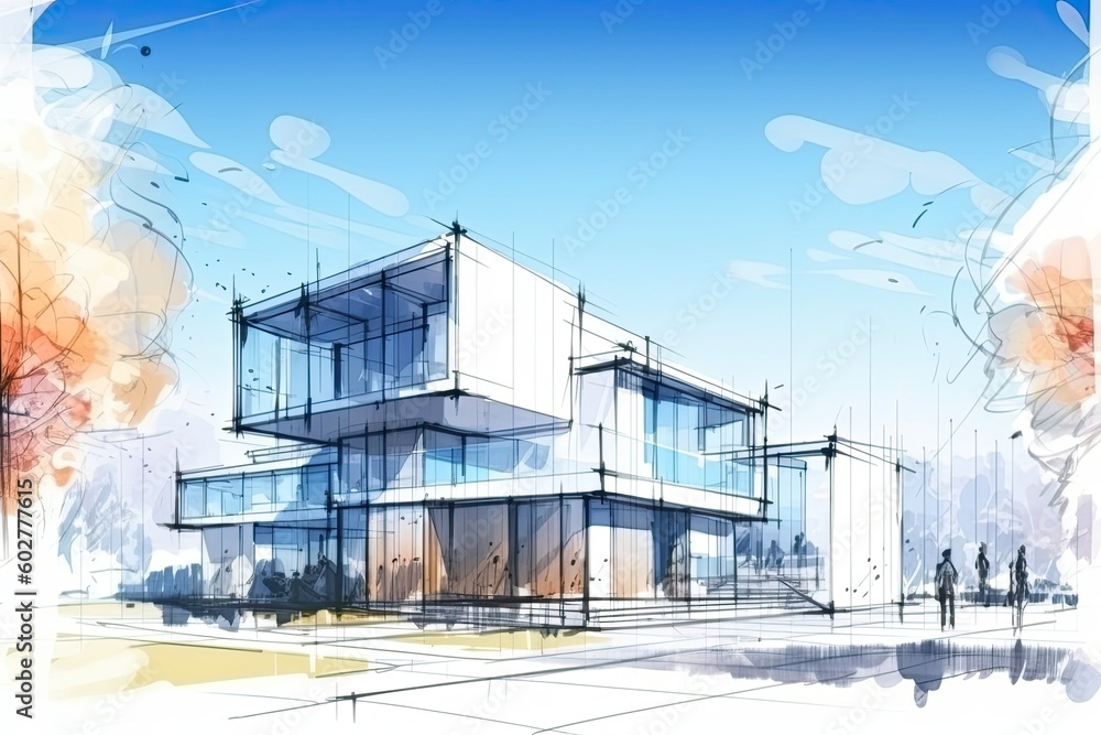 Poster modern glass building with multiple windows and reflections generative ai