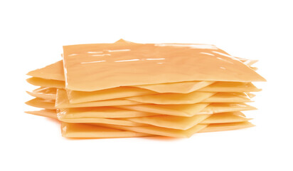 Stack of tasty processed cheese on white background
