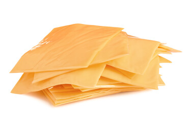 Pile of tasty processed cheese on white background