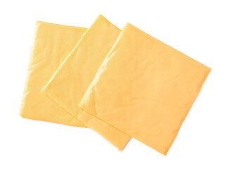Slices of tasty processed cheese on white background