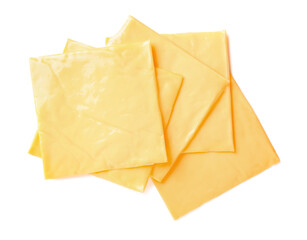 Slices of tasty processed cheese on white background