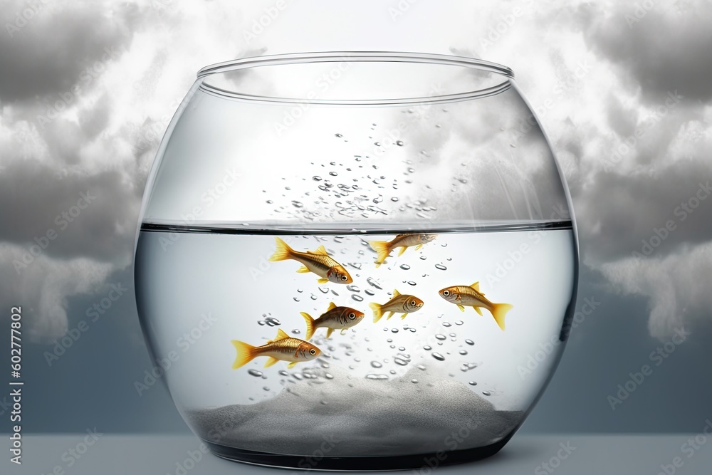 Poster fish swimming in a bowl with a cloudy sky in the background generative ai