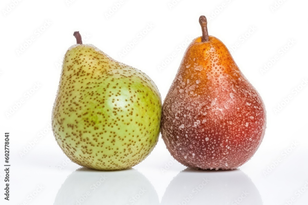 Poster two ripe pears placed side by side on a white background generative ai