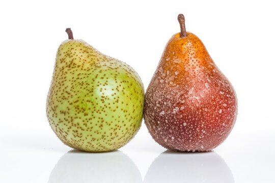 two ripe pears placed side by side on a white background Generative AI