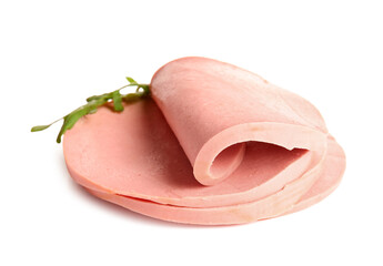 Slices of tasty boiled sausage and arugula on white background