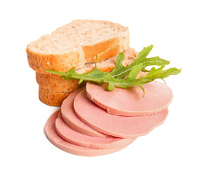 Slices of tasty boiled sausage with bread and arugula on white background