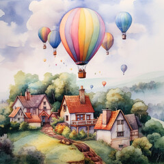 Fototapeta na wymiar A painting of a village with hot air balloons in the sky. Generative AI.