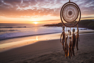 Boho dream catchers hanging on beach at sunset. Generative AI - obrazy, fototapety, plakaty