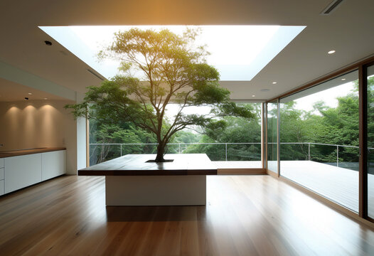 Stylish interior with green tree inside. Generative AI