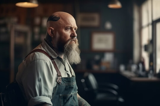 Strong 50 years old bearded man in barbershop salon AI generated image