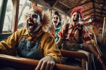 Fototapeta na wymiar terrible clowns on roller coaster AI generated image