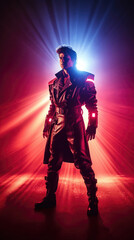 Photo realistic science-fiction, fantasy, illustration of a synthwave, spaceship pilot or smuggler. Anatomy and lighting reference. Generative AI.