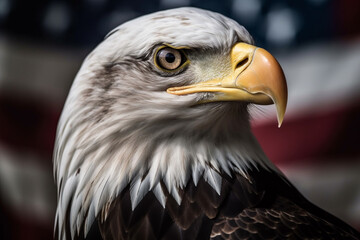 Bald american eagle with USA flag background AI generated image