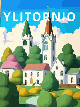Ylitornio: Retro tourism poster with an Finnish landscape and the headline Ylitornio in Lappi
