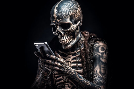 skeleton looks at his phone, phone and internet addiction AI generated image