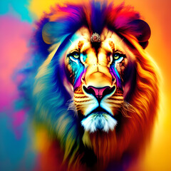 Abstract painting concept. Colorful art of a lion with a crown.
