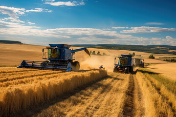 Fototapeta premium Two combine harvesters in a wheat field. Generative AI.