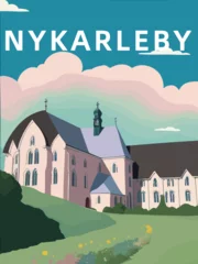 Zelfklevend Fotobehang Nykarleby: Retro tourism poster with an Finnish landscape and the headline Nykarleby in Pohjanmaa © Modern Design & Foto
