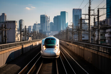 Fototapeta premium Shinkansen bullet train, view from the front, with city skyline in the background, generative AI