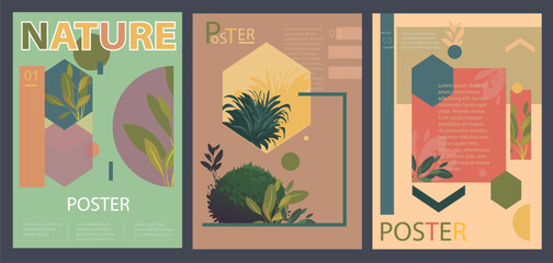 A set of banners in a flat natural style. The geometry of nature and signs is minimalistic due to its simple shape and pattern.