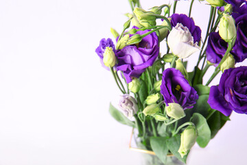 Fototapeta na wymiar Eustoma flowers on lilac background