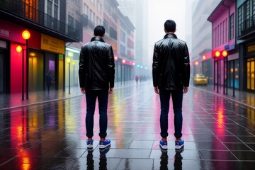 A two men standing on wet pavement in rain in sneakers in puddle. Male in denim jeans and warm shoes, reflection on water. Concept of autumn weather, casual. Colorful streetlights. Generative AI