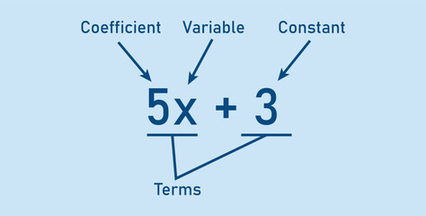 Algebraic expressions parts in mathematics. Coefficient, variable, constant and terms. Parts of an expression. Math resources for teachers.