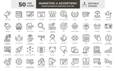 Marketing and advertising line icon set. 50 editable stroke vector graphic elements, Essential brand presence toolkit - obrazy, fototapety, plakaty