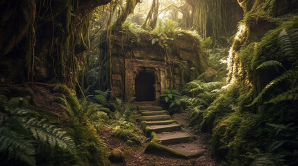Fototapeta premium A mystical cave entrance adorned with lush vegetation and hanging vines Generative AI