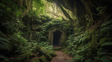 A mystical cave entrance adorned with lush vegetation and hanging vines Generative AI