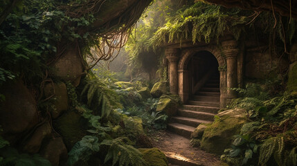 A mystical cave entrance adorned with lush vegetation and hanging vines Generative AI