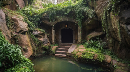 A secret grotto tucked behind a roaring waterfall Generative AI