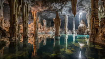 A crystal-clear underground lake reflecting stunning stalagmites Generative AI