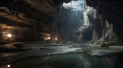 Fototapeta na wymiar A vast underground chamber with intricate rock formations and a subterranean river Generative AI
