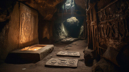 Naklejka premium A mysterious underground passage leading to a hidden cave adorned with ancient symbols Generative AI