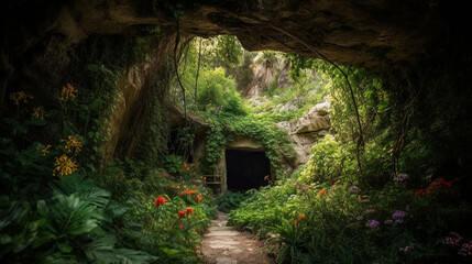 A majestic cave entrance framed by lush greenery and vibrant flowers Generative AI