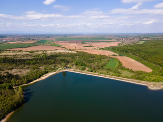 Aerial Spring view of The Forty Springs Reservoir near town of Asenovgrad, Plovdiv Region, Bulgaria