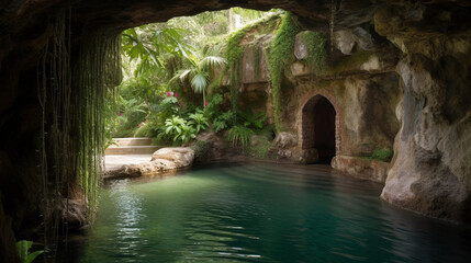 A hidden grotto with an enchanting waterfall flowing into a serene pool Generative AI